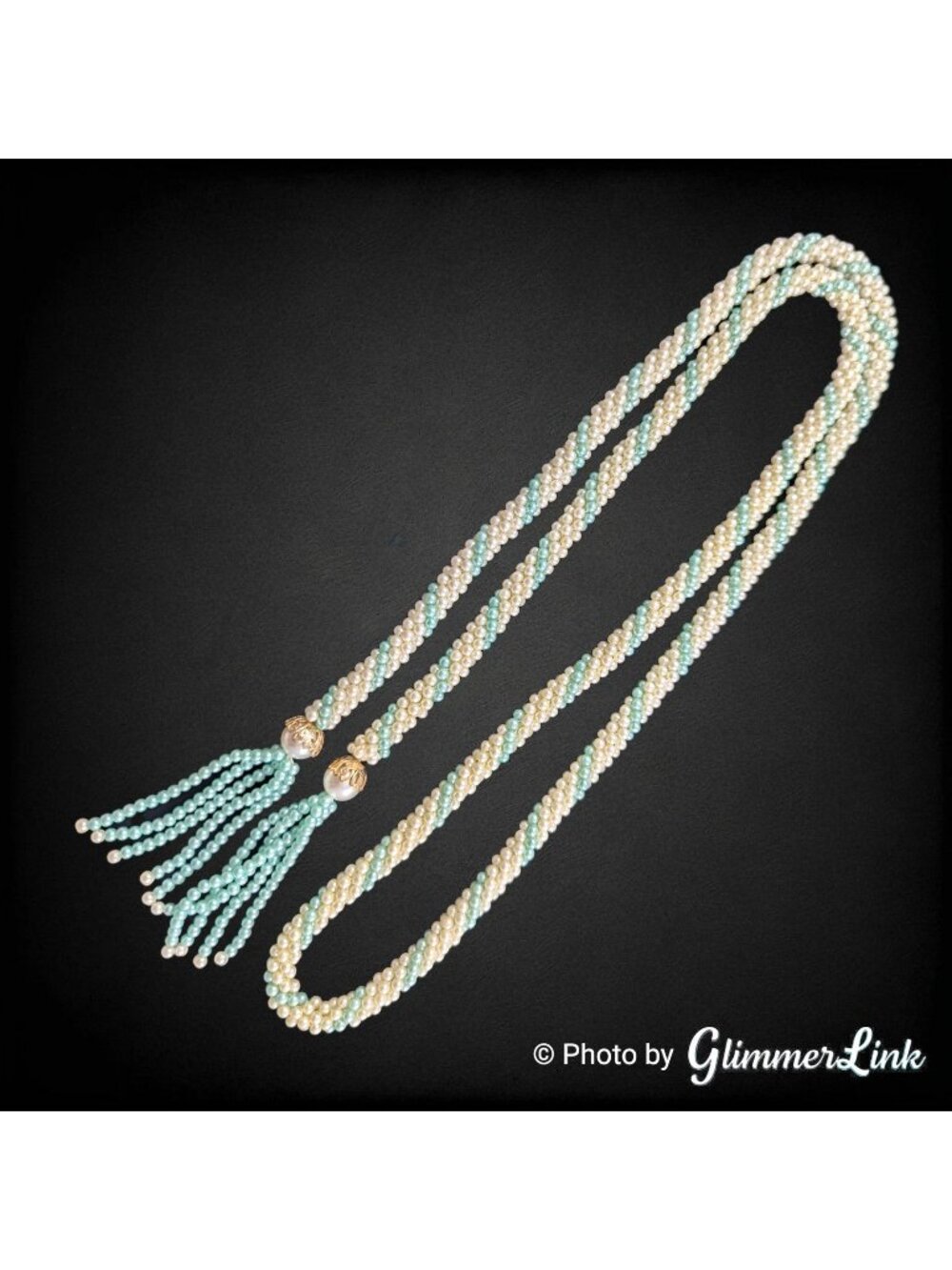 Vintage Crocheted Faux Pearl Lariat Necklace Aqua Cream Tassel 44 Inch